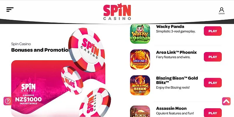 Spin Casino NZ homepage screenshot